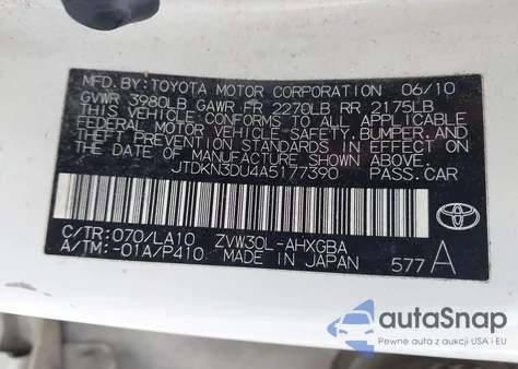 2010 Toyota Prius Iv z USA, uszkodzony, nr VIN JTDKN3DU4A5177390